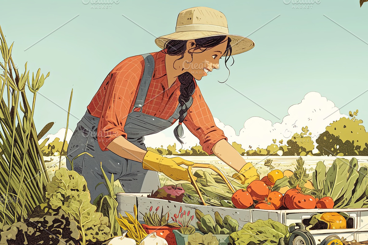 Woman arranging fresh harvest vegetables in farm field under sunny sky, an Illustration by AS photostudio