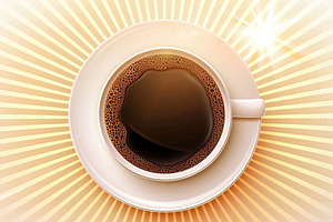 Cup of coffee surrounded by sun rays, a Photo by LOGOCREATIVE