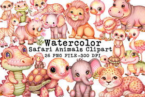 Watercolor Safari Animals Clipart, an Illustration by Libby Wishes