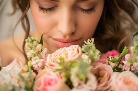 Bride sniffs wedding bouquet, a Person Photo by MistyDay