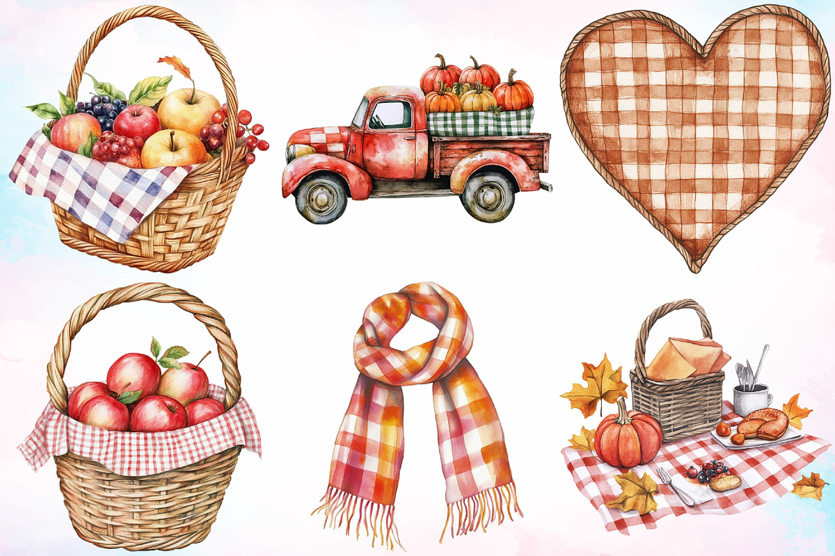 Watercolor Gingham Autumn Clipart, an Illustration by Canvas Craft (Photo 2 of 3)