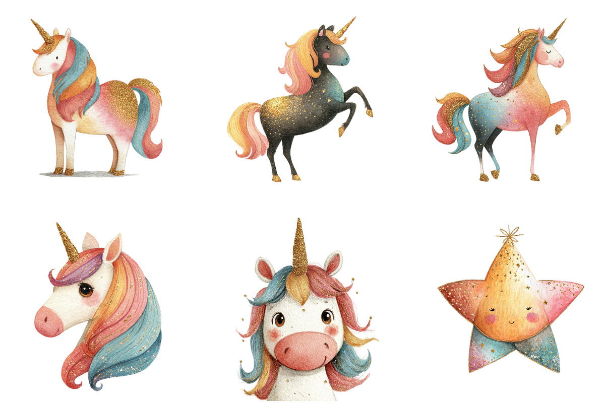 Watercolor Glitter Unicorn Clipart, an Illustration by Sublimation Artist (Photo 6 of 7)