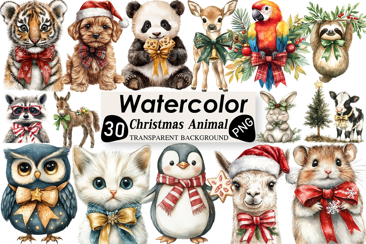 Cute Animal Christmas With Bow, an Illustration by Black Bird Studio (Photo 1 of 6)
