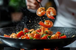 Delicious Shrimp Stir Fry Cooking in, a Food & Drink Photo by Pixeness Studio