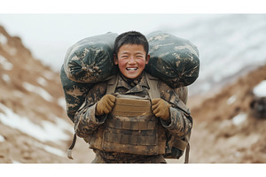 Asian soldier smiling while carrying, a Nature Photo by Sergey Kotenev