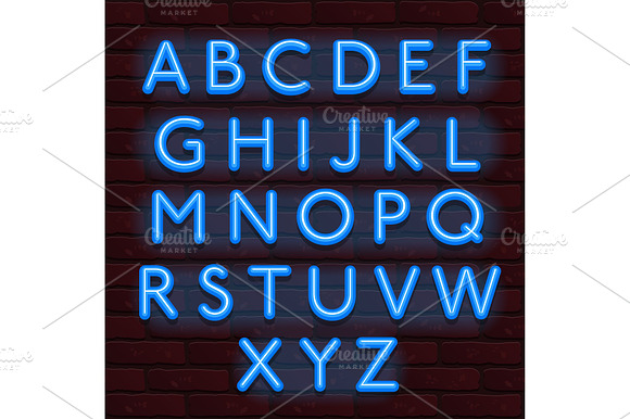 Neon Banner blue color alphabet font preview 3