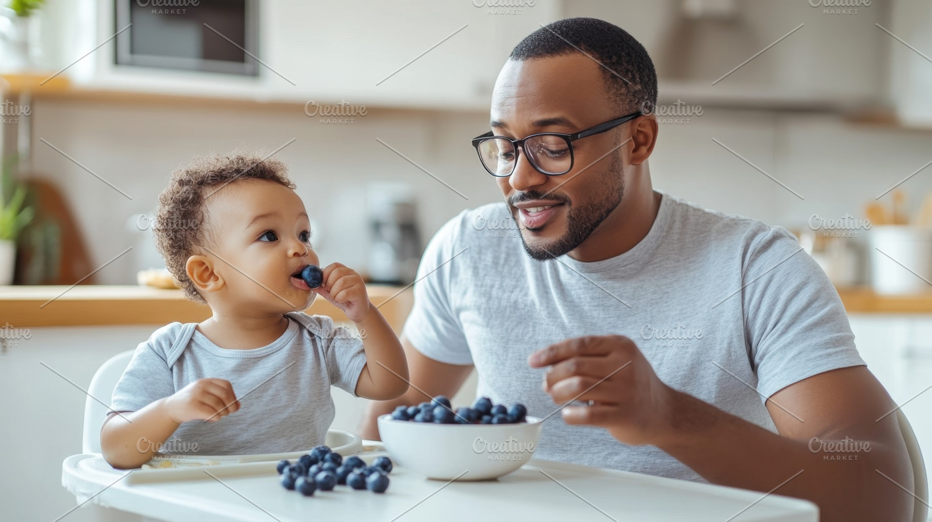 Dad and kid love blueberries, a Photo by Beautiful things