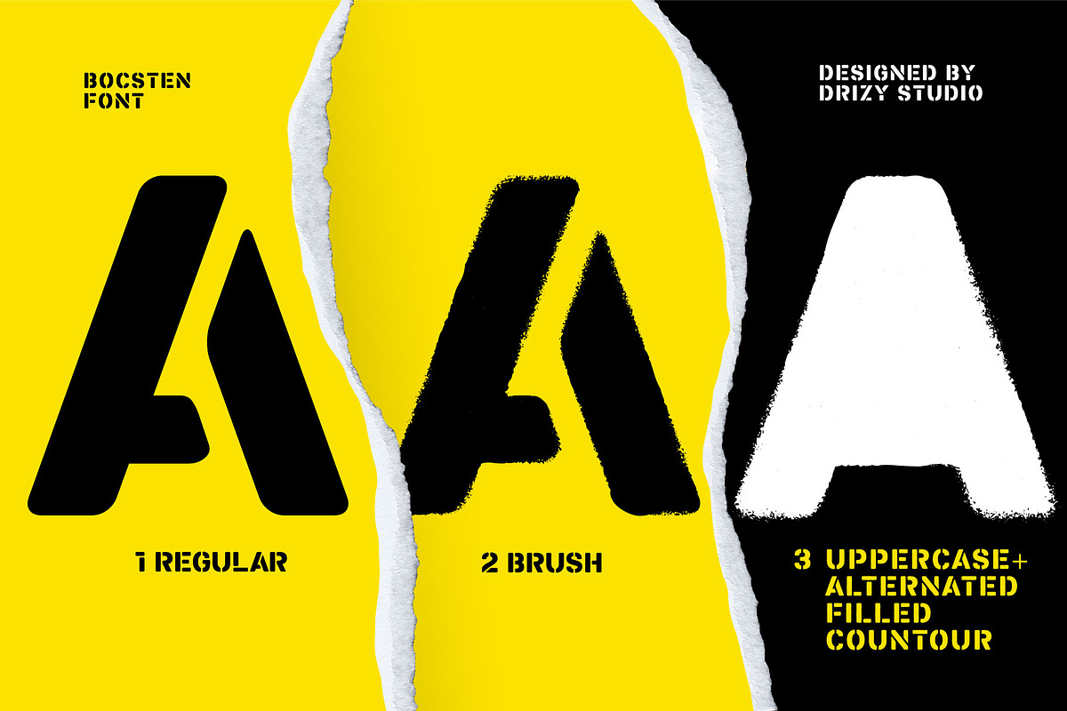 Bocsten – Splashed Stencil Font, a Sans Serif Font by Drizy (Photo 3 of 9)