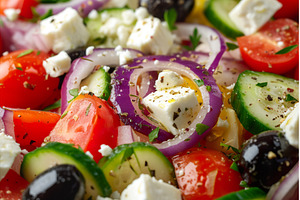 Fresh greek salad with feta, olives, a Food & Drink Photo by Lermont51