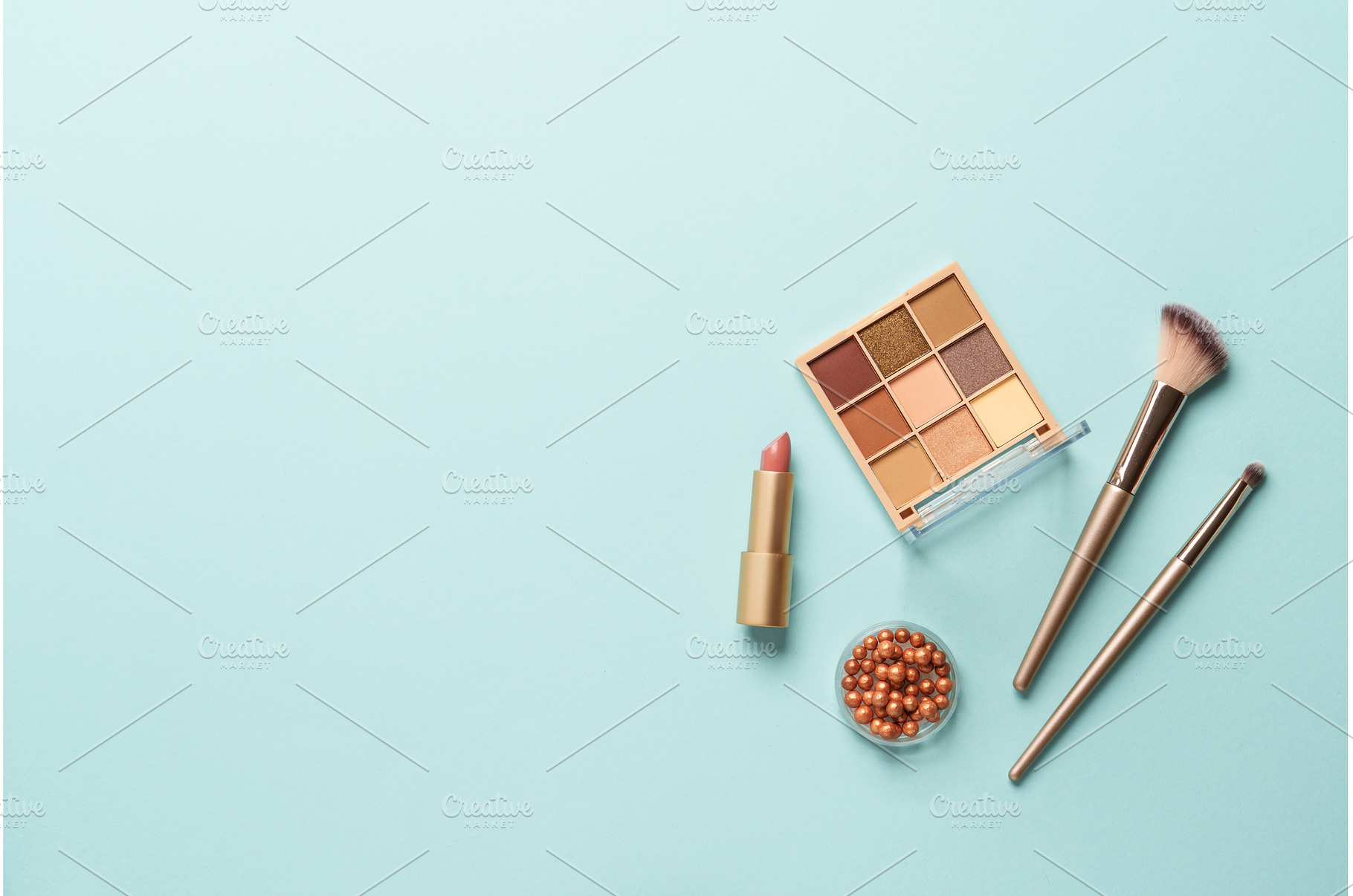 Make up products on blue background., a Beauty & Fashion Photo by Nadia-nb
