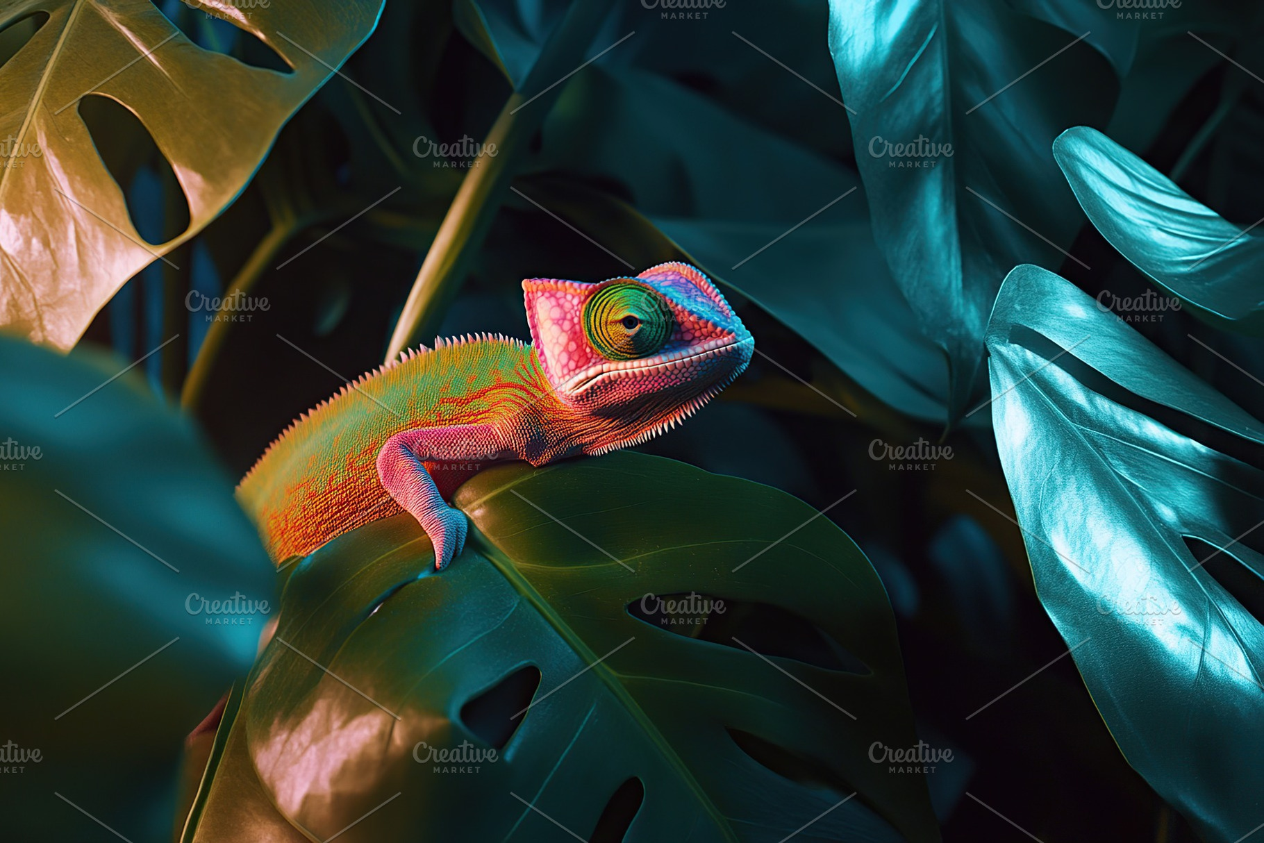 Green chameleon on green tropical leaf, an Animal Photo by AlyaAnd