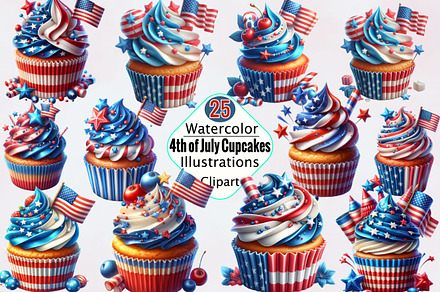 Watercolor 4th of July Cupcakes  Sub, an Illustration by SVGArt
