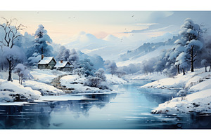 A Painting Of A Snowy Mountain Scene