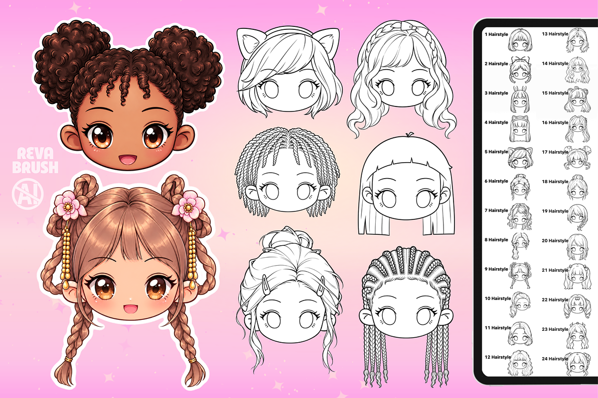 Procreate Chibi Hairstyles brushes, a Brush Add-On by Revabrush (Photo 13 of 16)