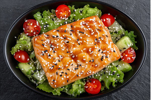 A flat lay of salad with salmon and, a Food & Drink Photo by ZinetroN