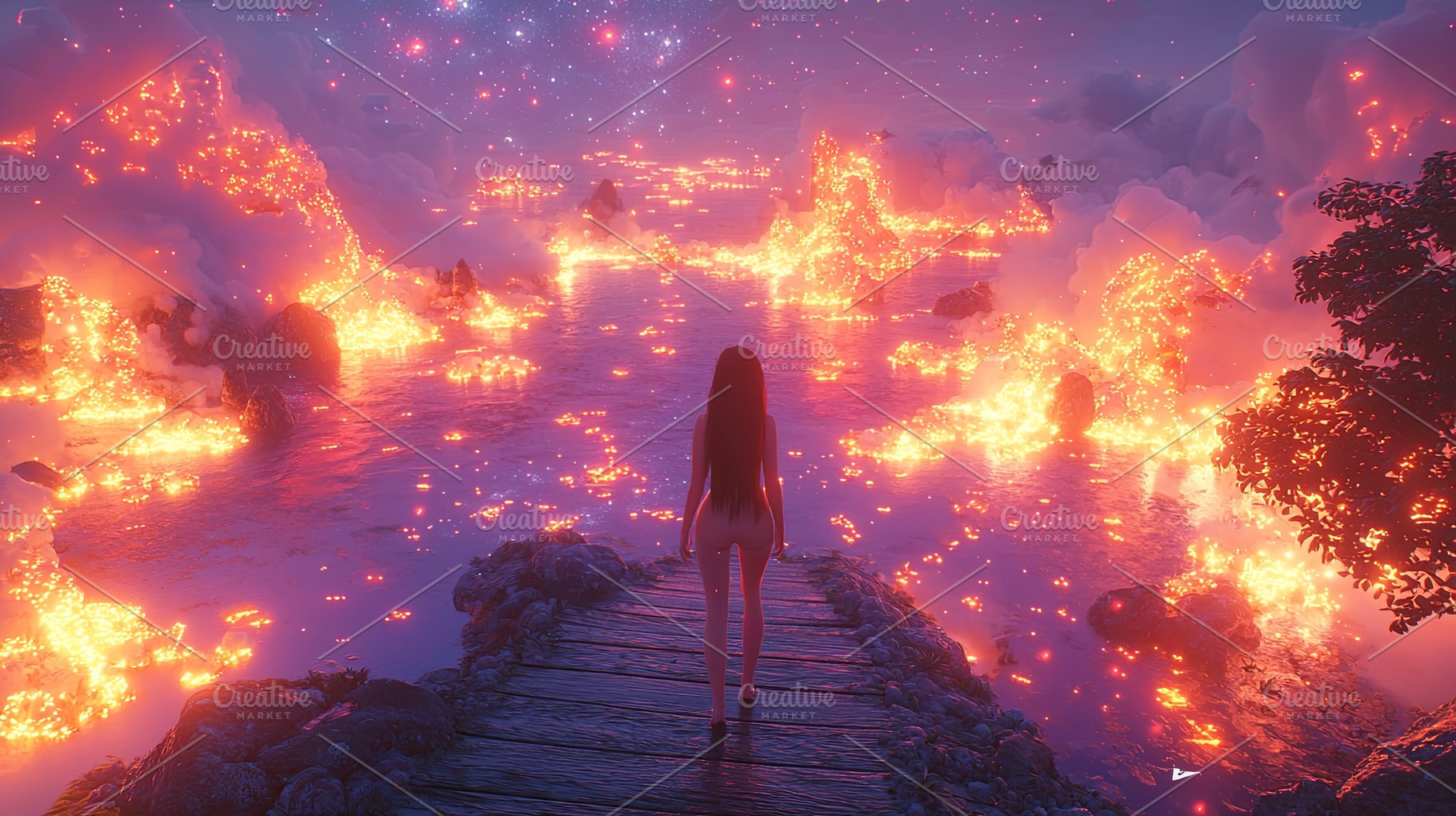 Woman walking on fiery path surrounded by glowing lava and dreamy sky, a Photo by AS photostudio