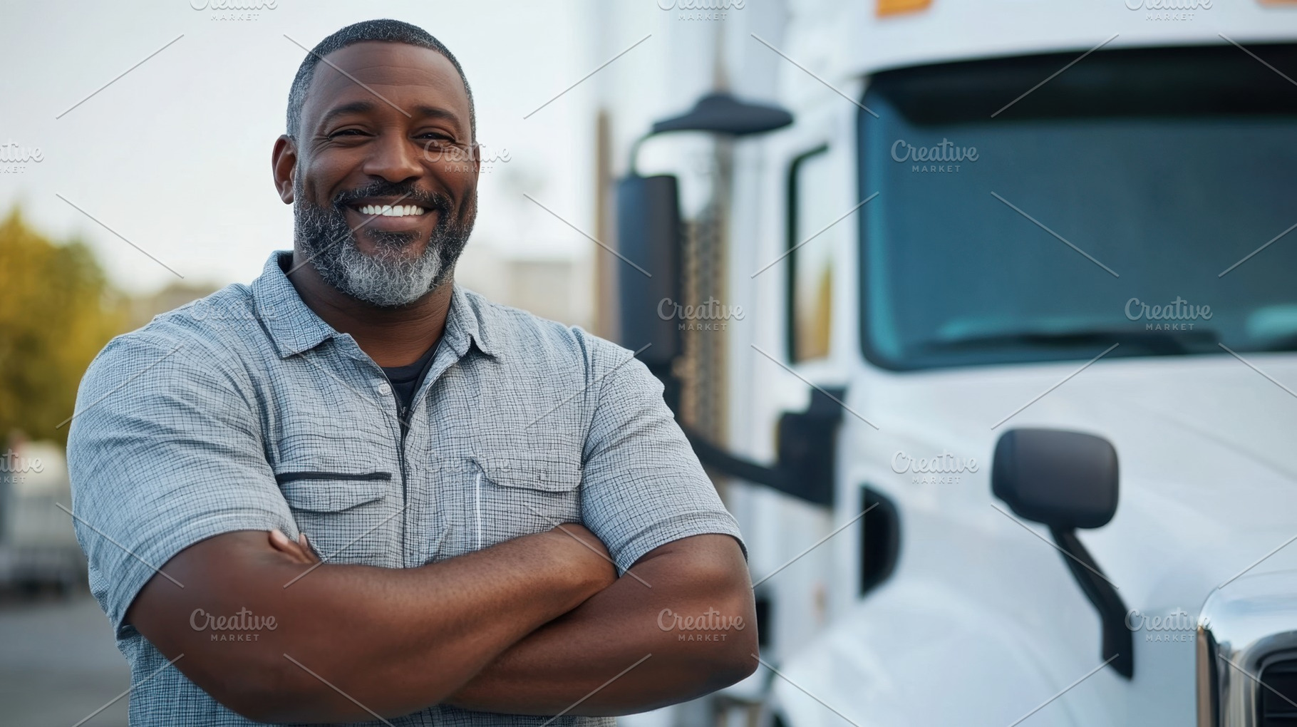Smiling driver stands beside a truck, a Photo by Beautiful things
