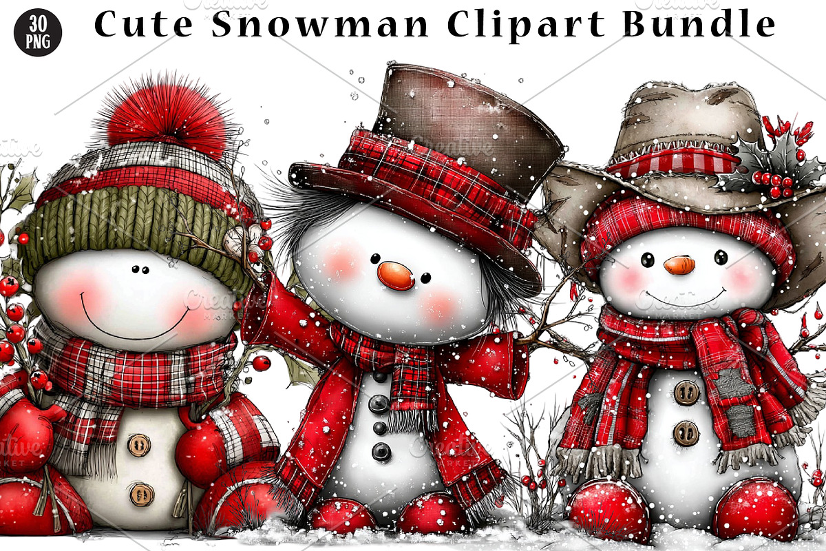 Cute Snowman Clipart Bundle, a Seasonal Illustration by CreationArt (Photo 1 of 5)