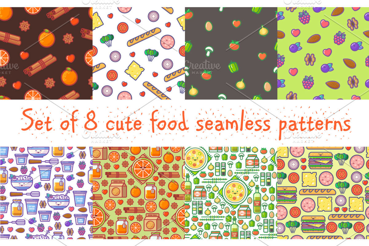 Set of 8 food patterns, a Pattern Graphic by Muar Mar