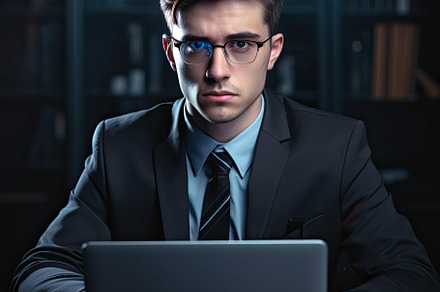 Young business man using laptop on o, a Photo by SaroStock