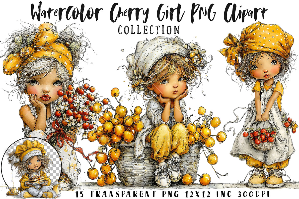Watercolor Cherry Girl PNG Clipart, a Seasonal Illustration by OK Design (Photo 1 of 6)