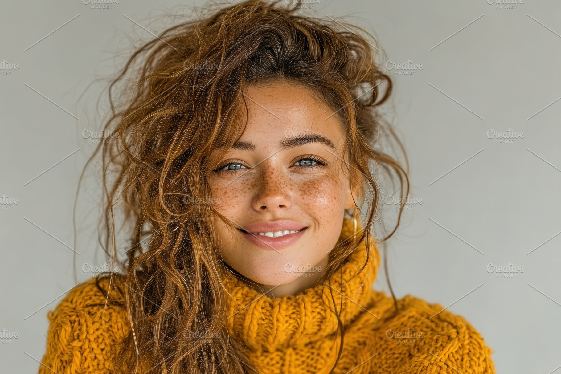 Smiling young woman with tousled brown hair and freckles wearing, a Person Photo by José Manuel Gelpi