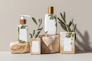 Cosmetic packaging mockup showcased on natural stones with greenery and blank l, a Photo by AlyaAnd