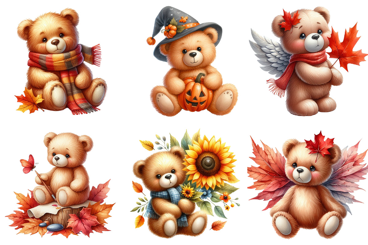 Watercolor Autumn Teddy Bear Clipart, an Illustration by Watercolor design (Photo 3 of 4)