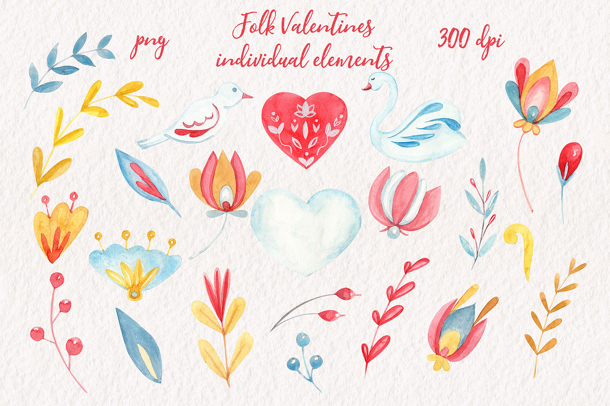 Folk Valentines Watercolor, a Decorative Illustration by Catch the Dream Art (Photo 4 of 8)