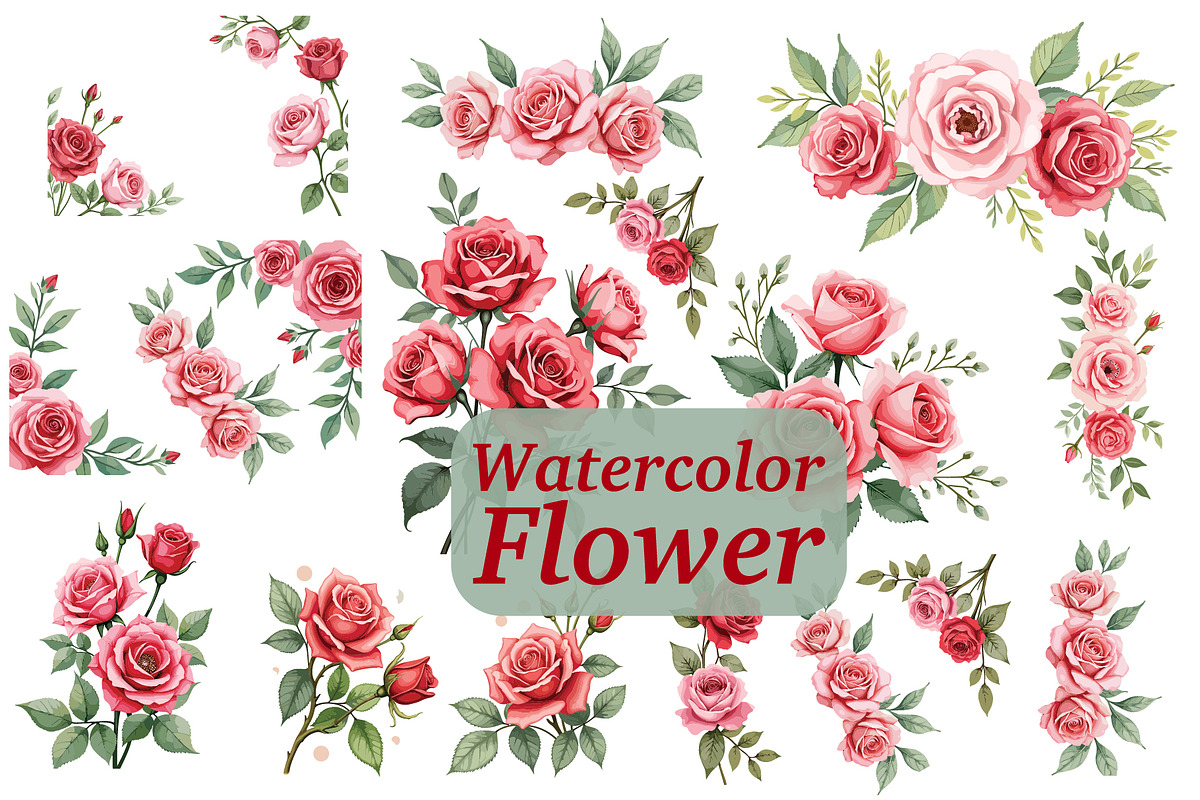 Romantic Pink Rose Bouquet Set, an Illustration by Creativeshirt