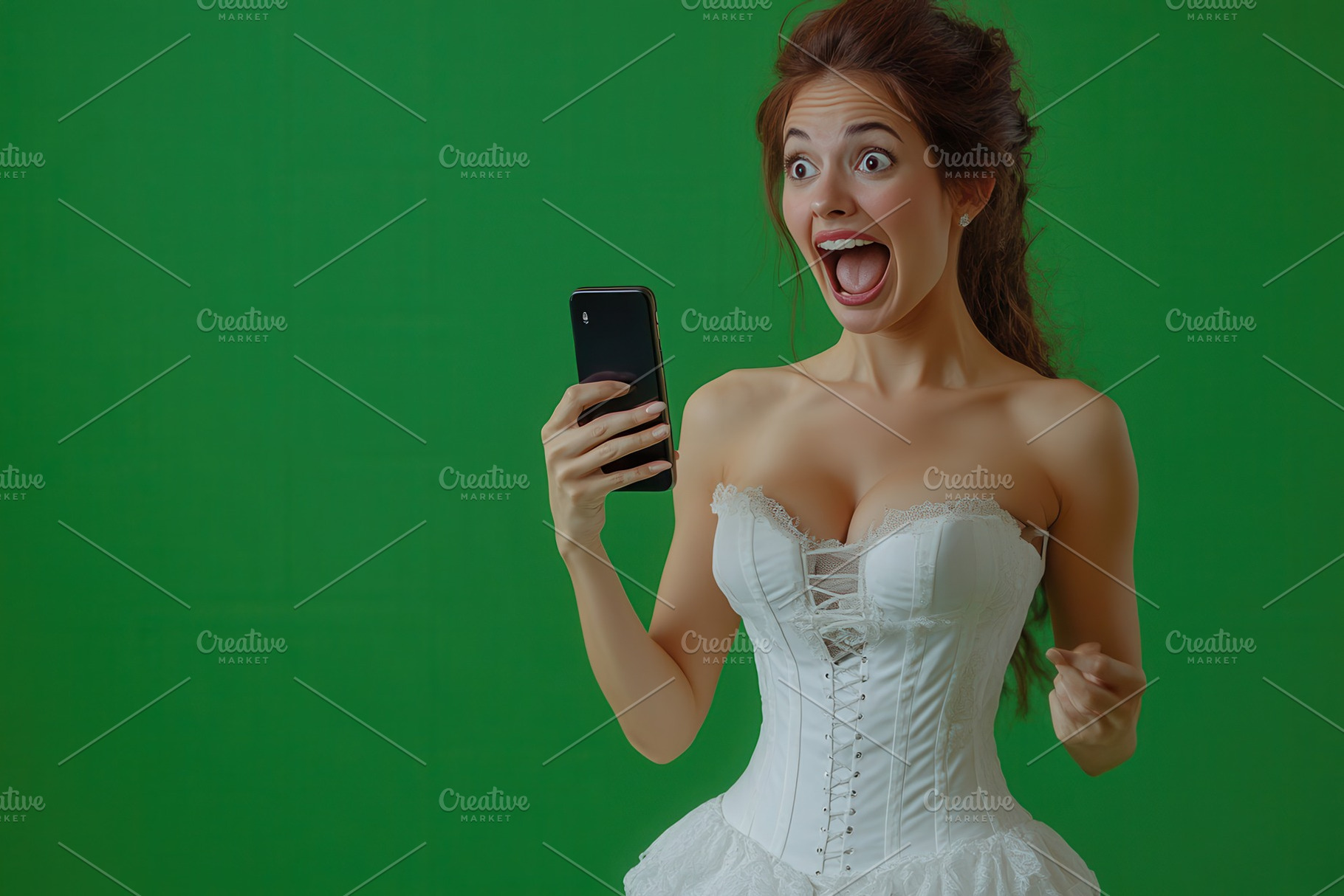 Excited young woman in white corset, a Photo by Pavel_design