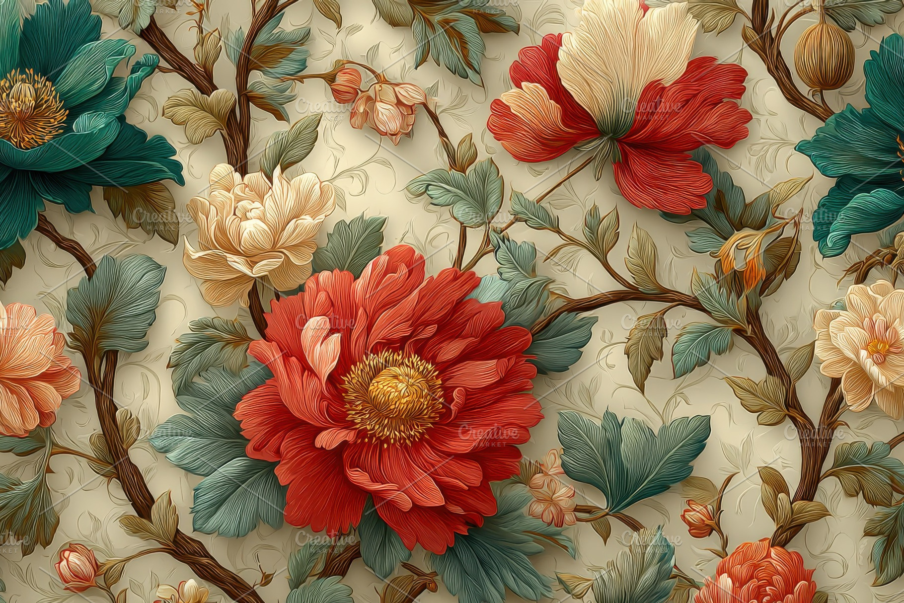 Vibrant floral pattern red orange te, a Photo by Pixeness Studio