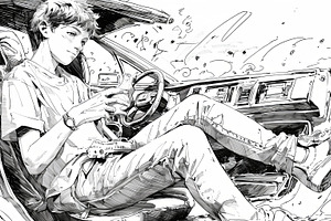 Young man relaxing in vintage car, clutching steering wheel in monochrome style, a Photo by AS photostudio