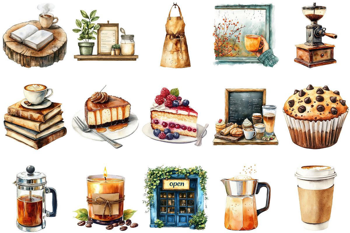 Watercolor Coffee Shop Clipart, an Illustration by Craft Nest (Photo 2 of 5)