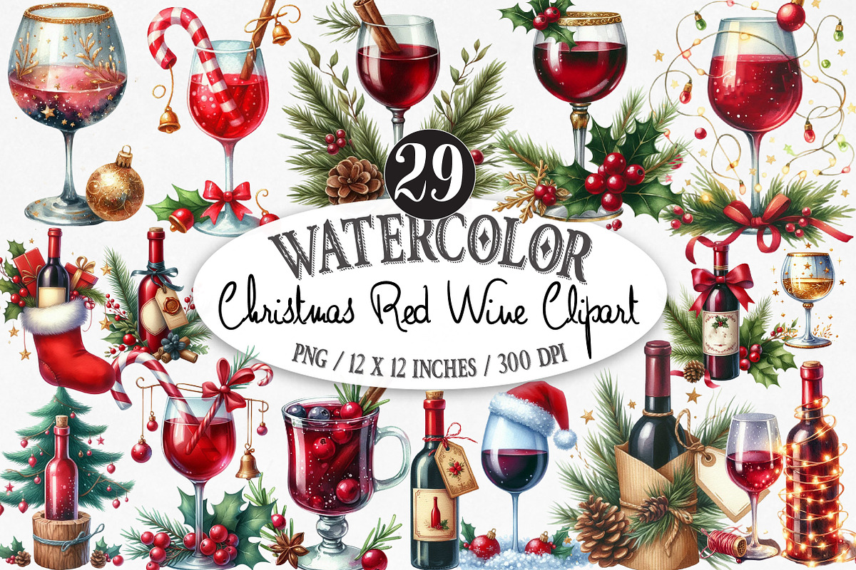 Christmas Red Wine Clipart, an Illustration by Designking (Photo 1 of 5)