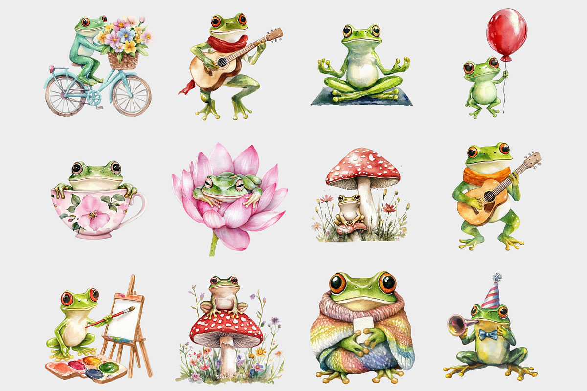 Watercolor Cute Frog Clipart, a Seasonal Illustration by Design Market (Photo 2 of 5)
