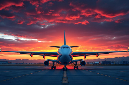 Airplane on Runway at Sunset, a Transportation Photo by Stock Shape
