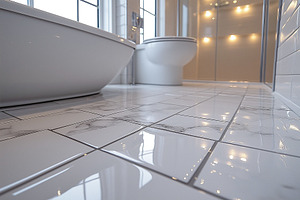Modern bathroom featuring sleek marble tiles, a freestanding bathtub, and an el, a Background Photo by ImageMir