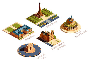Isometric set of French landmarks, an Illustration by Mikita.Kavalenkau