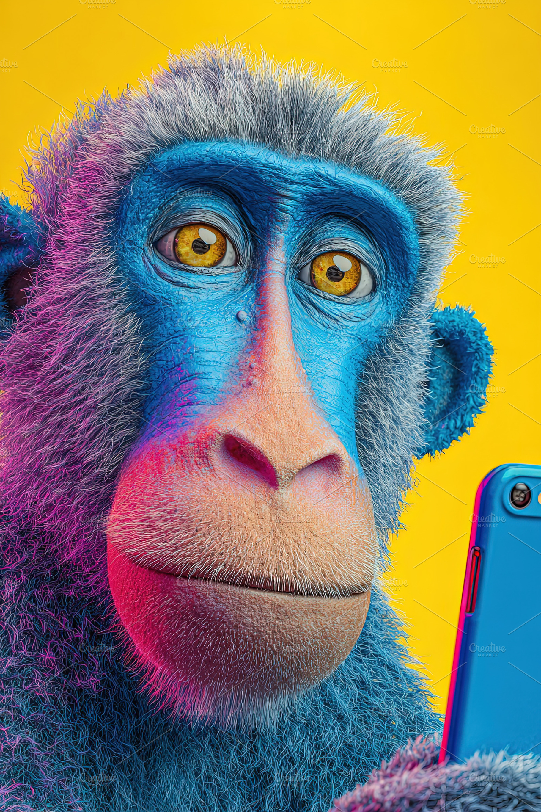 Vivid blue monkey taking a selfie with a smartphone against a br, an Abstract Photo by Ales Munt