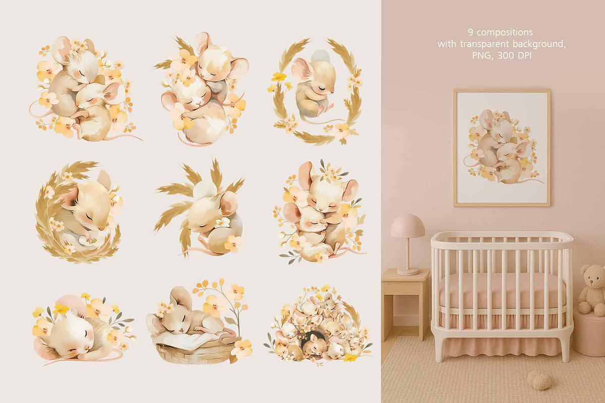Sleeping mice graphic collection, a Decorative Illustration by PinskaDrawCute (Photo 2 of 11)