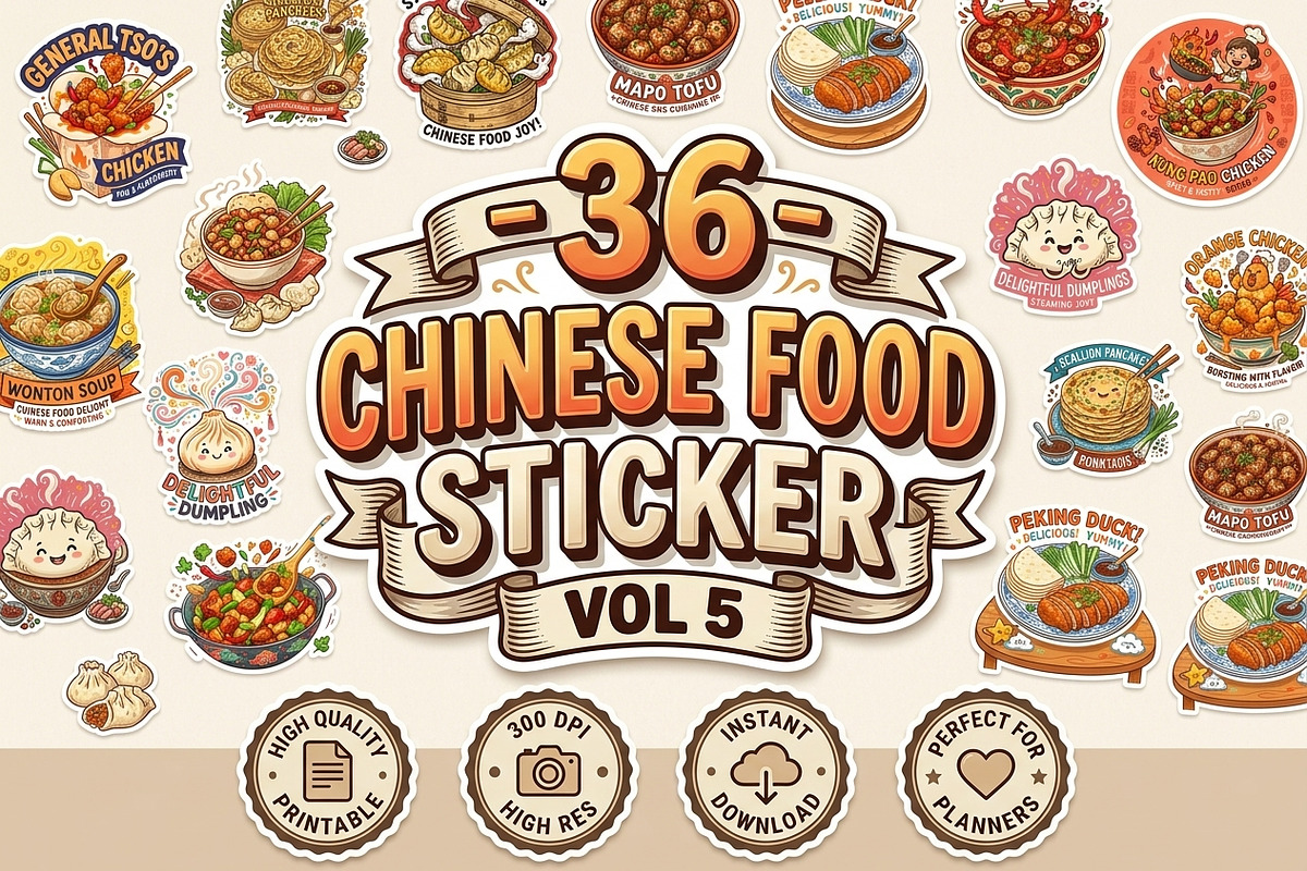 36 Chinese Food Sticker Bundle Vol 5, a Food Illustration by ikarifq shop
