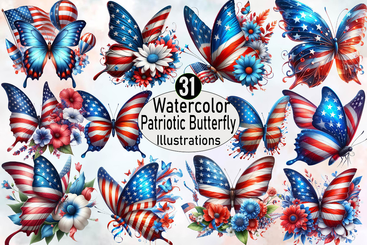 Watercolor Patriotic Butterfly Subl, an Illustration by SVGArt (Photo 1 of 8)