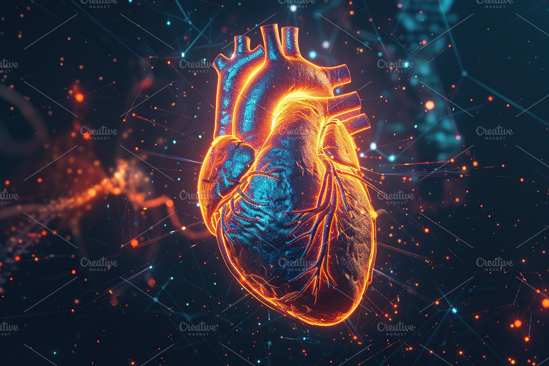 3D rendering of holographic human heart on dark background, a Health & Medical Photo by AlyaAnd