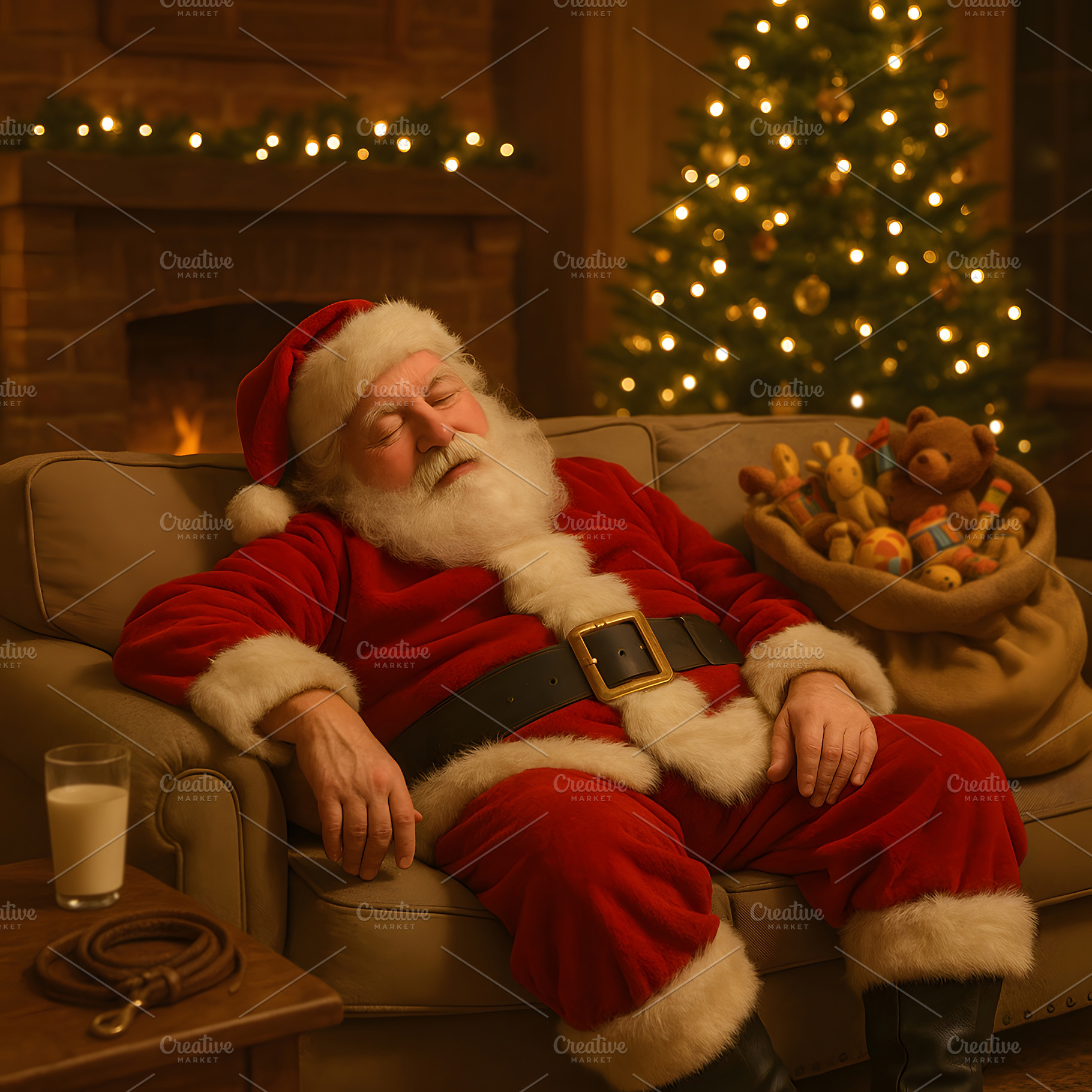 Santa Claus sleeping on sofa near Christmas tree with toys, a Holiday Photo by GoodGoods