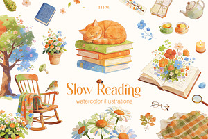 Slow Reading. Watercolor clipart