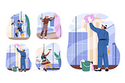 Cleaning workers washing windows set, a Person Illustration by PaperTrident (Thumbnail 1 of 5)