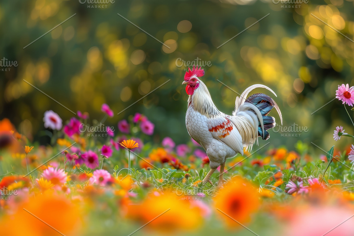 Colorful rooster standing among vibrant flowers in a sunny garden, an Illustration by AS photostudio