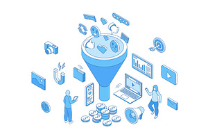 Isometric social media funnel, a Technology Illustration by Valerie Bodnar