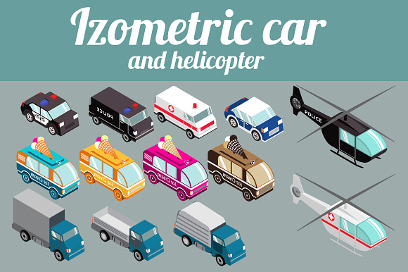 Set Isometric Car Helicopter
